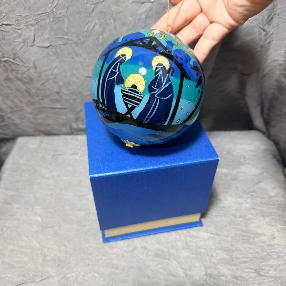 Pier 1 Li Bien 2017 Nativity Ornament Hand Painted Glass Reverse Art Blue Boxed